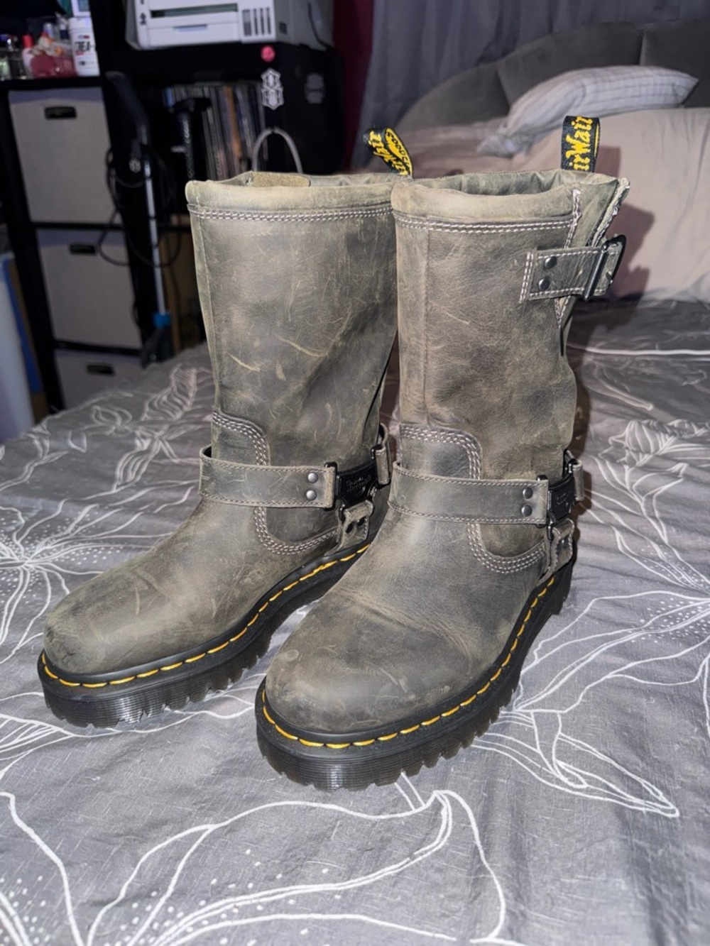 RARE Dr. Martens Anistone Hi Leather Biker Boots in charcoal grey